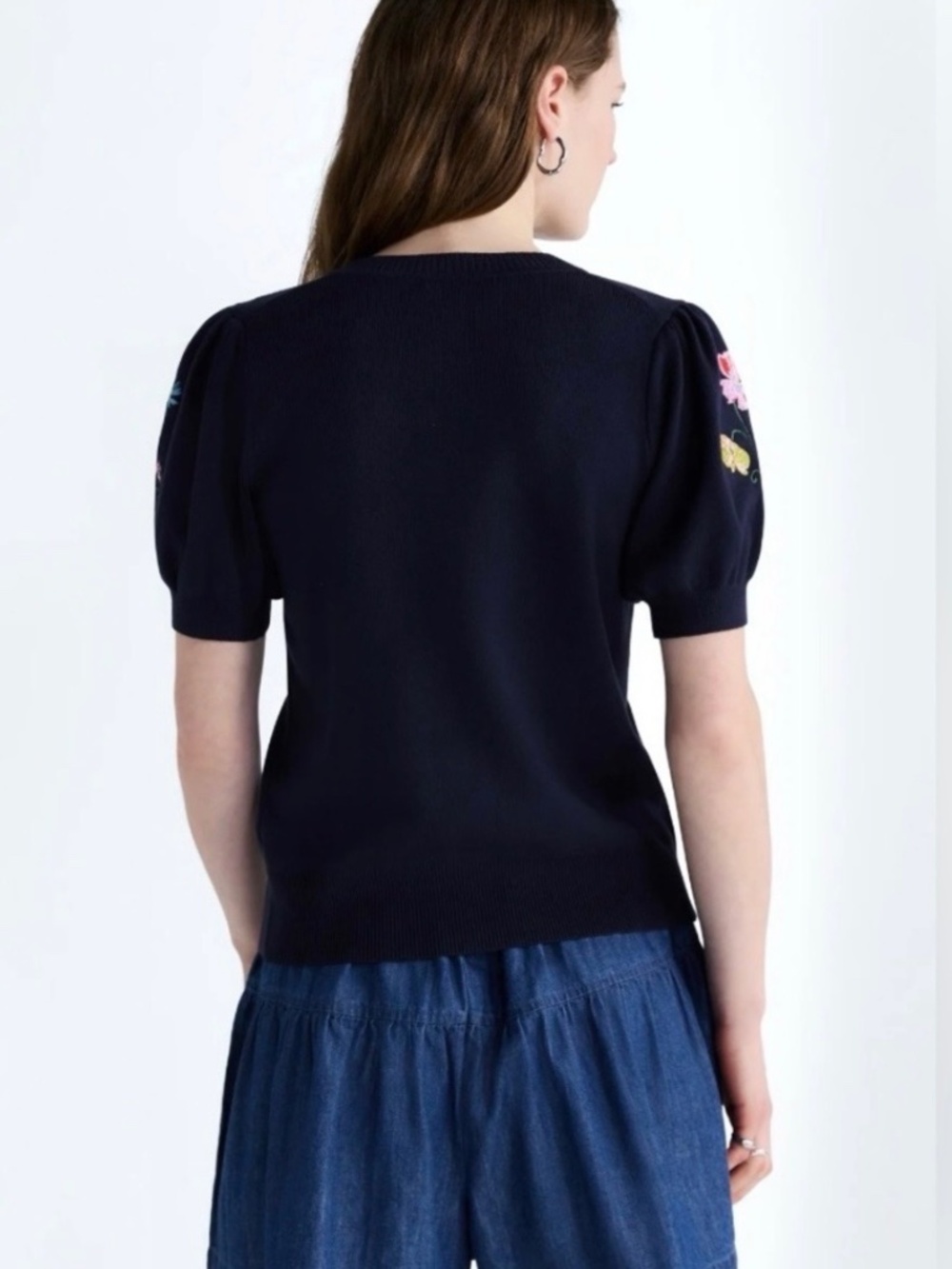 Free Assembly Navy Floral Embroidered Puff Sleeve Cardigan NWT - Picture 2 of 16